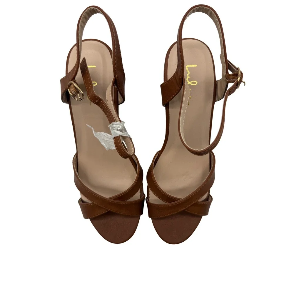 Lulus Wedge Sandals Womens 8 Brown Excellent Strappy Cork Platform Ankle Strap